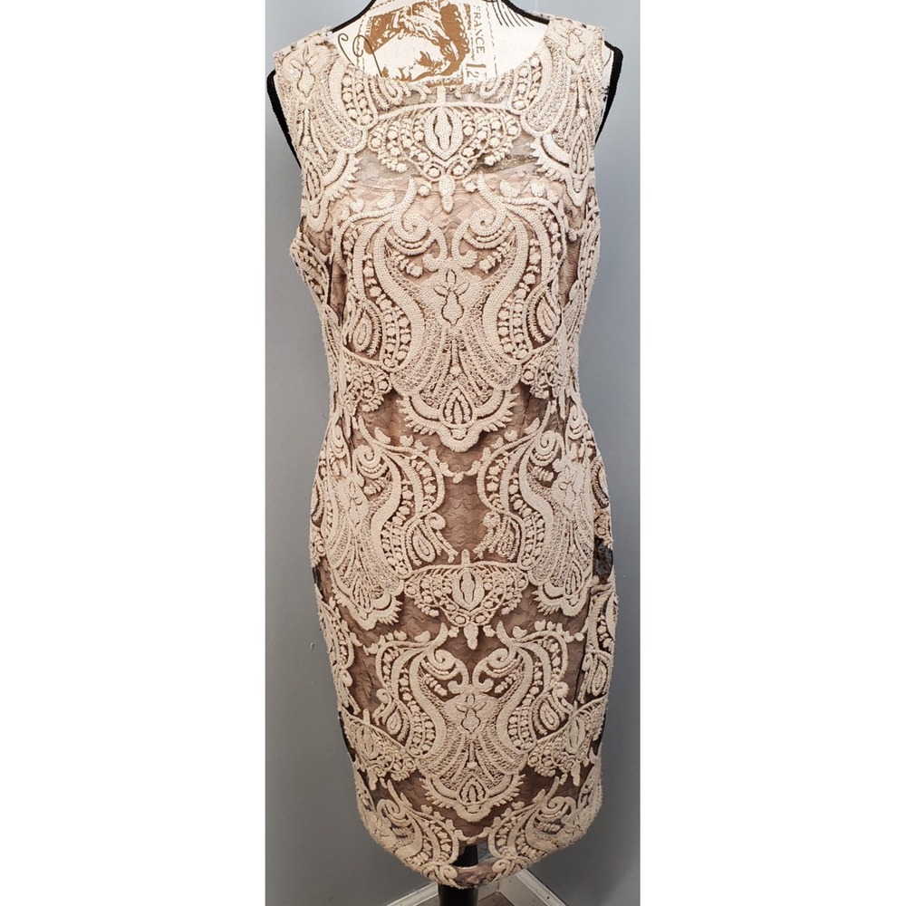 Calvin Klein Cocktail Dress Womens 10 Brown Embroidered Lace Overlay Back Zip - Picture 1 of 9